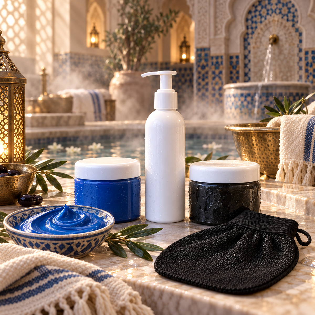 A spa skincare set arranged on a marble surface in a warm, Moroccan-inspired bathroom scene. The set includes a tall white pump bottle, a blue jar, a black scrub jar, a blue cream bowl, a black exfoliating mitt, and patterned towels.