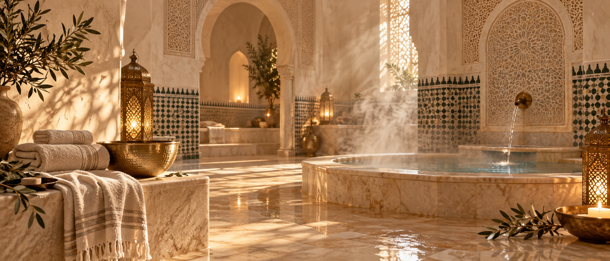 A luxurious Moroccan-style spa interior with a warm stone pool, steam rising, carved arches, patterned tile walls, and glowing lanterns.