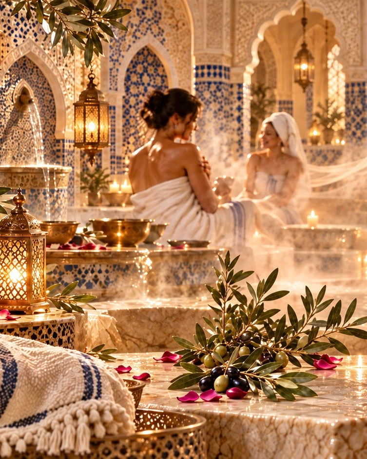 Four women wrapped in white towels relax in a luxurious indoor spa pool with steam, candles, mosaic tile walls, and a city skyline visible in the background.